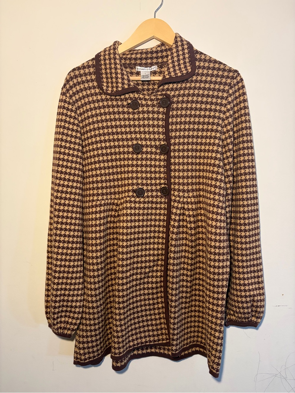 Brown Houndstooth Jacket Womens Size Large, Peter Pan Collar Ref Point VTG 90s